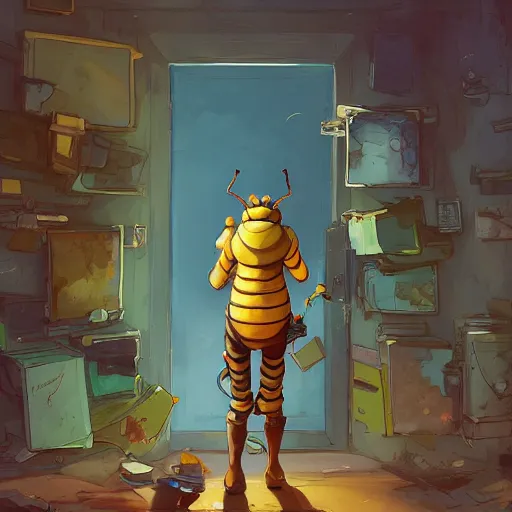 Image similar to a bee standing in his home in front of the door behance hd artstation by jesper ejsing, by rhads, makoto shinkai and lois van baarle, ilya kuvshinov, ossdraws, that looks like it is from borderlands and by feng zhu and loish and laurie greasley, victo ngai, andreas rocha