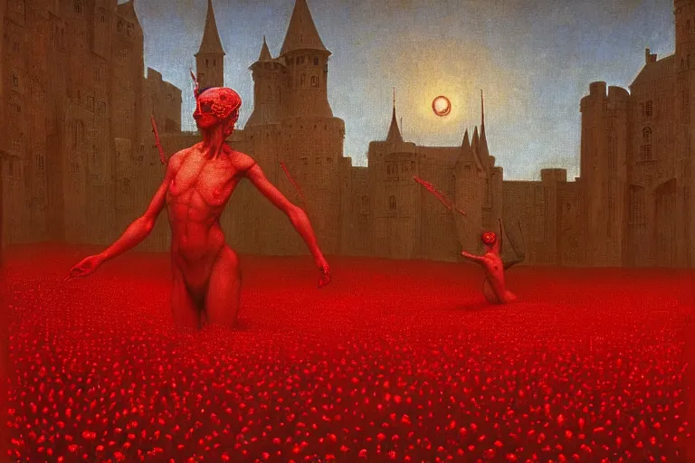 Image similar to only with red, red flowers of different types, a red tiger, a castle in the background, medieval demons dance over the flowers, an ancient path, in the style of beksinski, part by hopper, part by rodcenko, part by hofbauer, intricate composition, red by caravaggio, insanely quality, highly detailed, masterpiece, red light, artstation