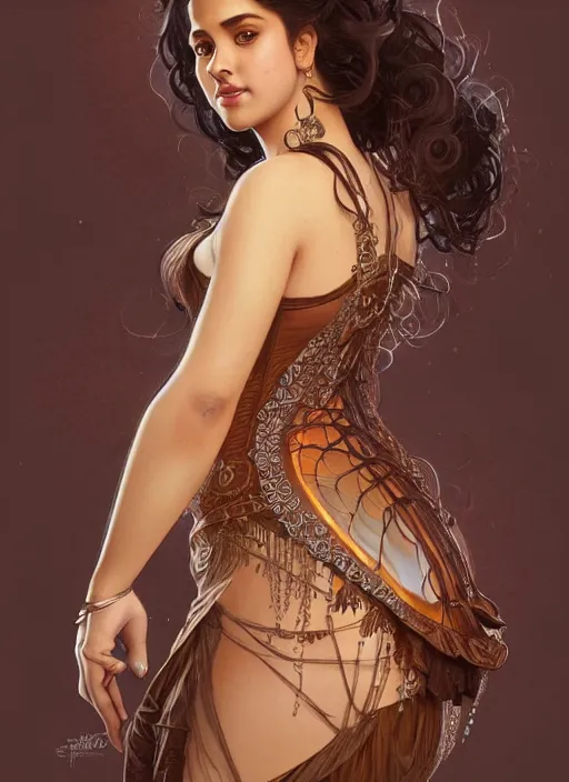 Image similar to cute brown woman wearing a transparent corset dress, fantasy, intricate, highly detailed, digital painting, artstation, concept art, wallpaper, smooth, sharp focus, illustration, art by artgerm and greg rutkowski and alphonse mucha