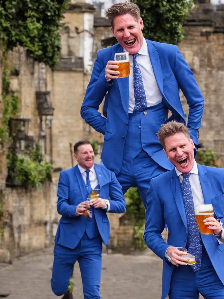 Prompt: Sir Kier Starmer wearing a blue suit laughing and drinking a big pint of lager