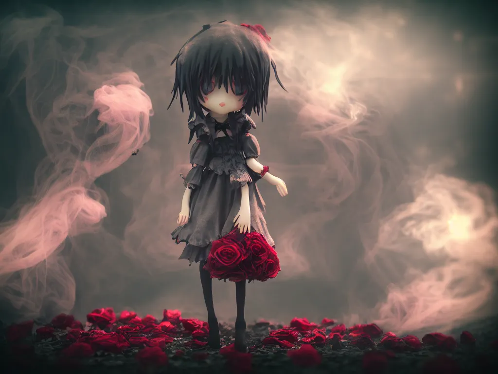 Image similar to cute fumo plush of a gothic maiden girl clutching lots of decayed roses, stale twilight, swirling vortices of emissive smoke and volumetric fog over the river, bokeh, vignette, vray