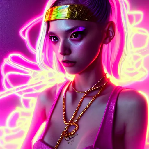 Prompt: hyperdetailed portrait of a stunningly beautiful pink cyberpunk cute girl made of metals and shiny iridescent gems, bright rainbow nimbus, gold necklace, smoke background inspired by ross tran and masamune shirow and kuvshinov, intricate, photorealistic, octane render, rtx, hdr, unreal engine, dnd digital art by artgerm