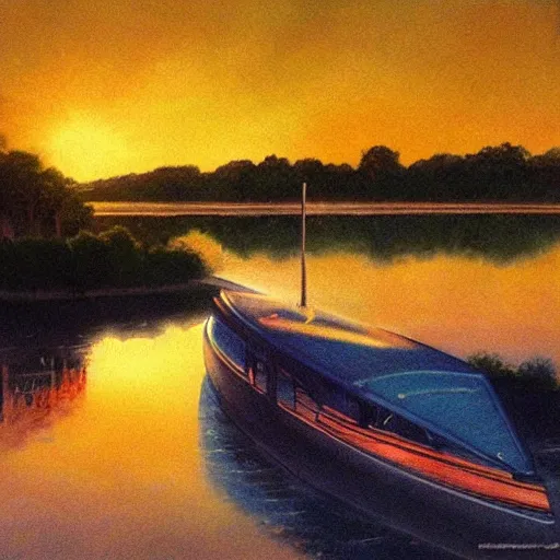 Image similar to artdeco river boat in the deep south, evening sun, intense lighting, hyper realistic,