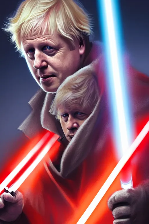 Image similar to Boris Johnson as a Jedi from Star Wars, Union Jack light saber, realistic portrait, symmetrical, highly detailed, digital painting, artstation, concept art, smooth, sharp focus, illustration, cinematic lighting, art by artgerm and greg rutkowski and alphonse mucha