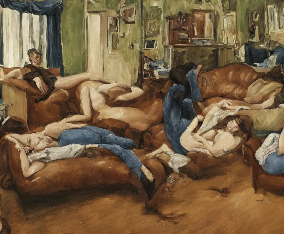 Image similar to portrait of bella and esther lying horizontal, in an old english apartment on a brown leather sofa. one is wearing a dark blue sweather, the other a white shirt. brown hair, they are looking into the camera. wide shot. in the style of lucien freud. oil painting. green mood. isometric perspective