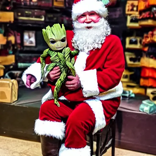 Image similar to baby groot sitting on a mall santas lap