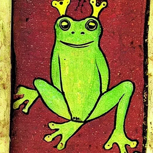 Image similar to beautiful medieval book manuscript painting of a frog wearing a crown