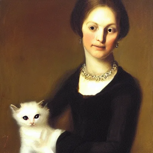 Prompt: a tonalism portrait of a royal skeleton holding a kitten