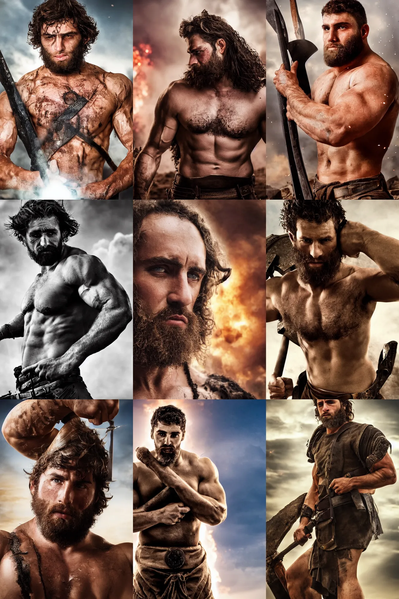 Prompt: portrait of a Jewish warrior. rugged young man, very beautiful. big muscles, many scars. cinematic lighting, highly detailed, full body shot. thick. Action movie still. Explosion in background.
