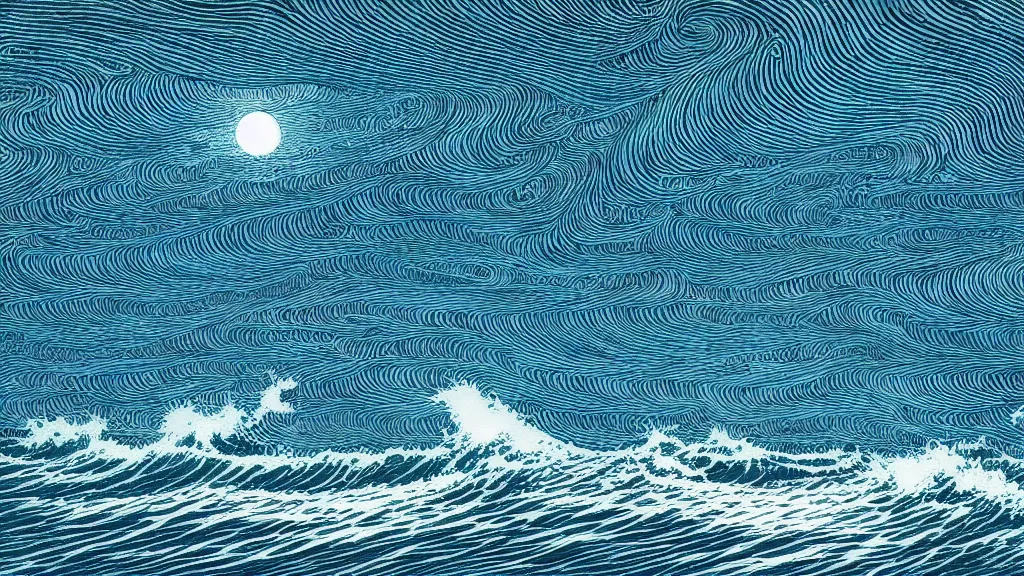 Image similar to highly detailed illustration of high exposure ocean waves at night by moebius, nico delort, oliver vernon, kilian eng, joseph moncada, damon soule, manabu ikeda, kyle hotz, dan mumford, otomo, 4 k resolution