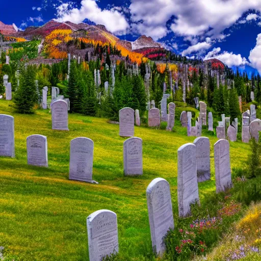 Image similar to Aspen Cemetery in the mountains with ornate tombstones of various colors with an Aspen grove in the center, high resolution, 4k, sharp, ultra detailed, cloudy, mountains