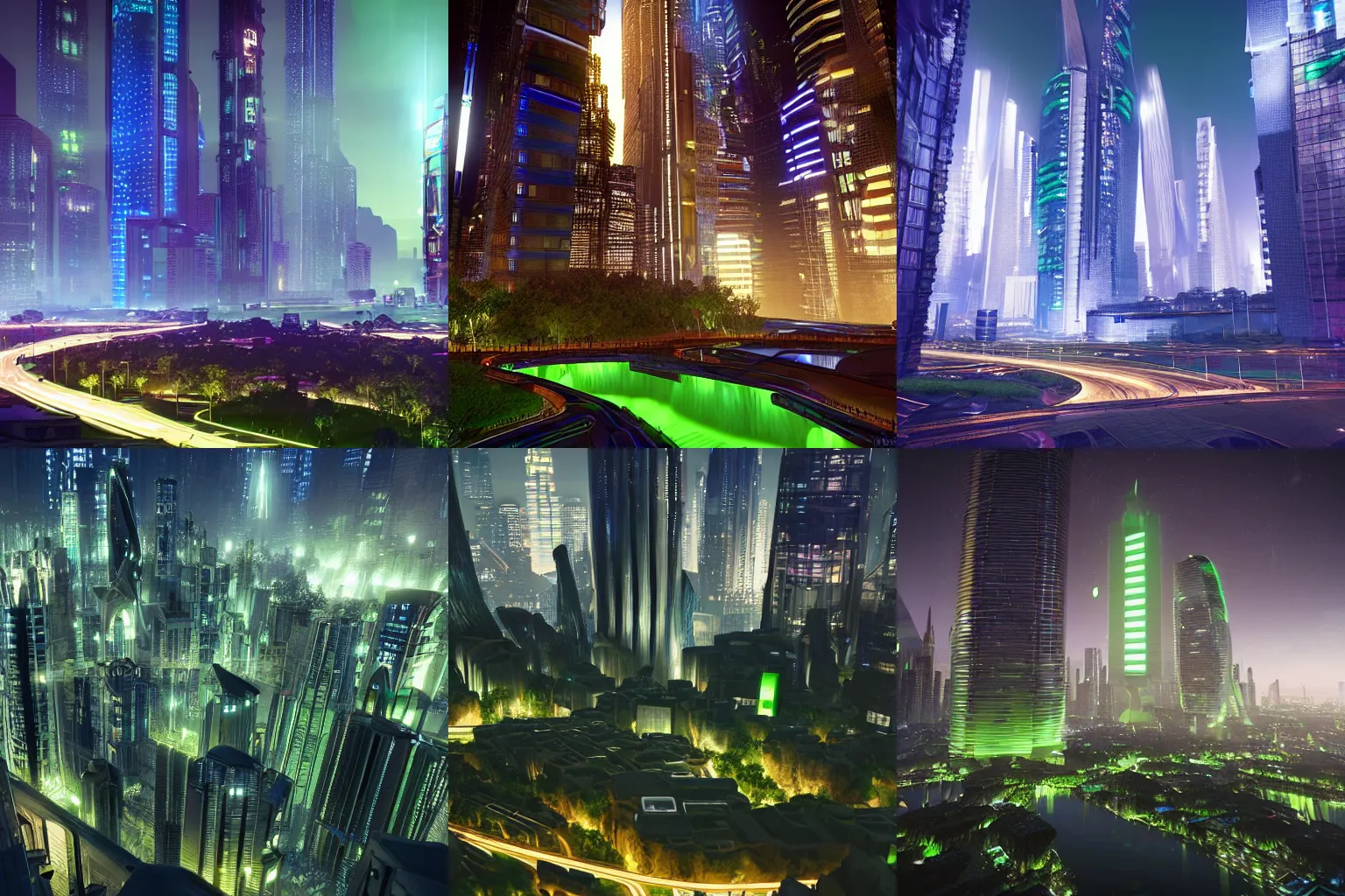 Prompt: A futuristic city at night with beautiful skyscrapers with glowing lights and green spaces, all inside an enormous cavern, unreal engine, photorealistic