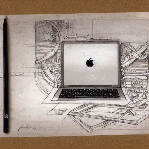 Image similar to drawing of macbook concept by leonardo da vinci, sketch, antique, concept art, intricate details, highly detailed