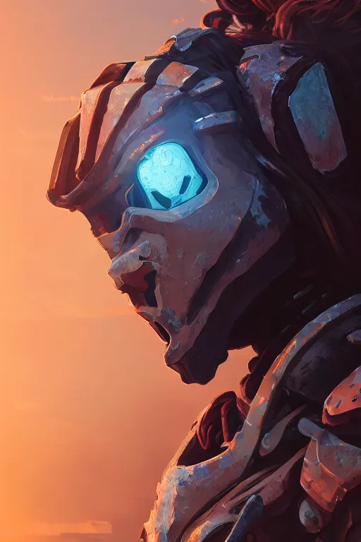 Image similar to combination suit armor aloy horizon forbidden west horizon zero dawn radiating a glowing aura global illumination ray tracing hdr fanart arstation by ian pesty and alena aenami artworks in 4 k tribal robot ninja mask helmet backpack