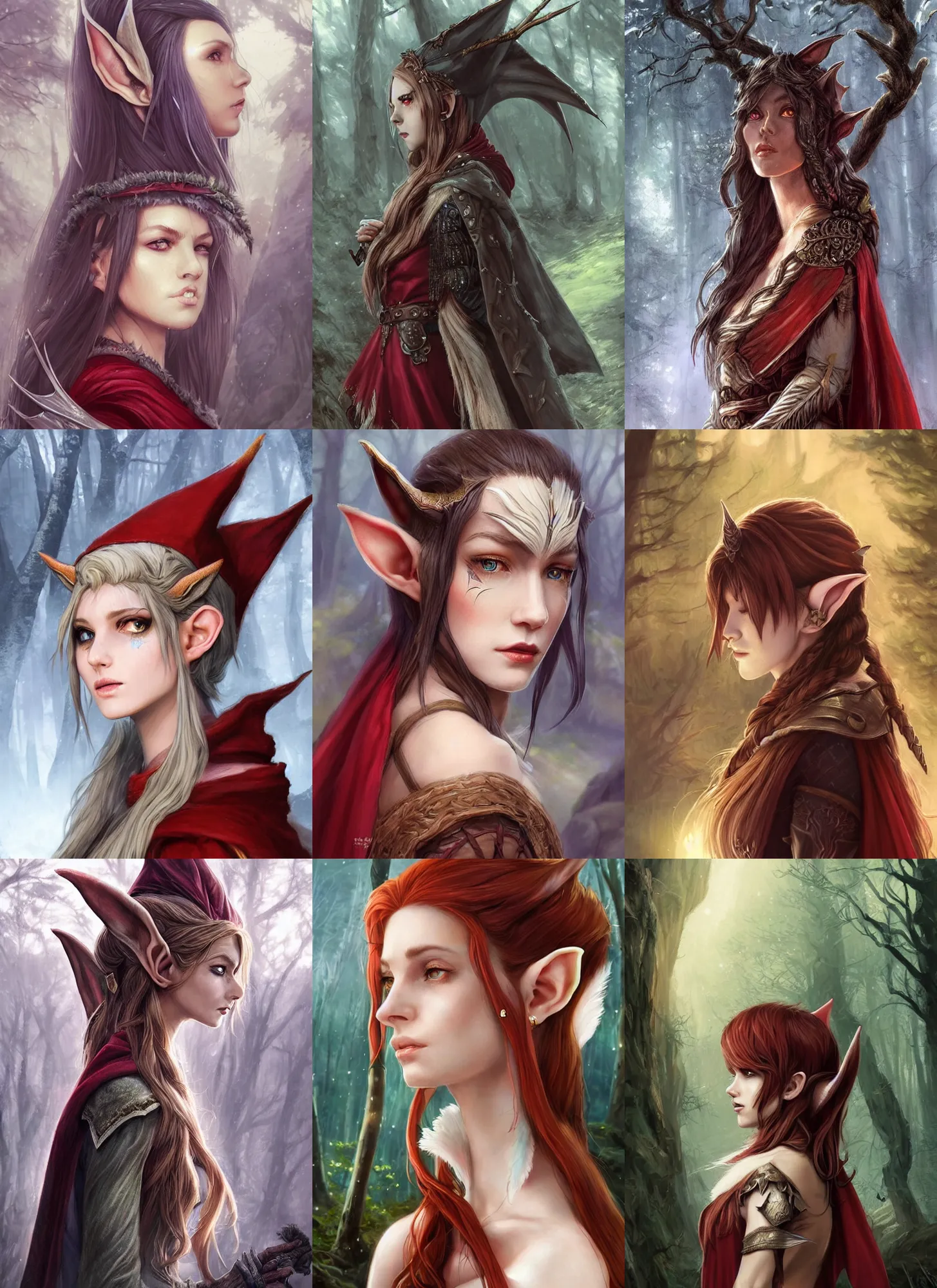 Prompt: side portrait high-fantasy elf girl with detailed pointed sharp long ears and full lips, adventurer outfit large cloak, fantasy forest landscape, moonshine, fantasy magic, feathery red hair, dark light night, intricate, elegant, sharp focus, illustration, highly detailed, digital painting, concept art, matte, art by WLOP and Artgerm and Greg Rutkowski and Alphonse Mucha, masterpiece