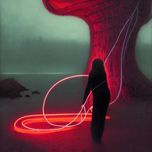 Image similar to liminal!!, portrait, shore of the lake, woman, wrapped around by glowing tubes and cables, short black curly hair, glowing red, by edgar maxence and ross tran, zdzisław beksinski, and michael whelan, distant, gustav dore, h. r. giger, 8 k, octane render