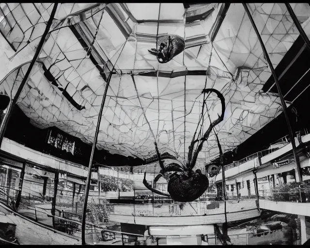 Prompt: camera footage of a Gigantic spider in an abandoned shopping mall, high exposure, dark, monochrome, camera, grainy, CCTV, security camera footage, timestamp, zoomed in, fish-eye lens, spiders, spider, spider, spider,