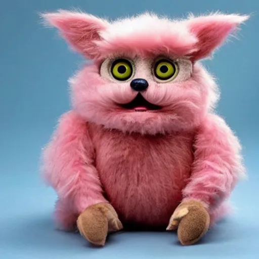 Prompt: photo of an obese giant hairless furby that has been completely shaved and had pinkish skin