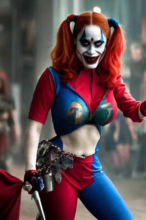 Image similar to film still of Salma Hayek as Harley Quinn in Joker, 4k