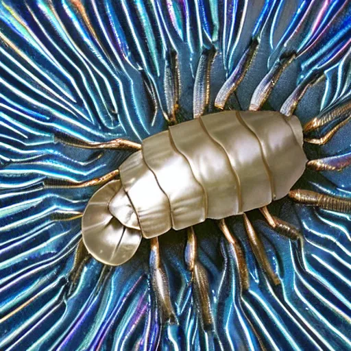 Prompt: 9 0 mm studio photograph tiny, abstract iridescent metallic giant isopod. from a distance. white background!!!!!!!!!!!!!!!!!!. long shot. centered in frame