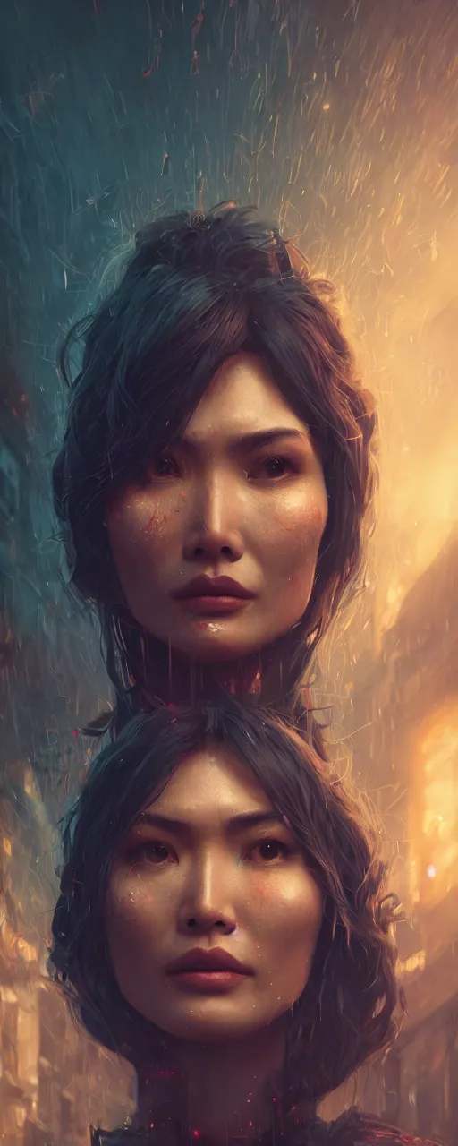 Image similar to portrait of gemma chan tavern bard, surrealistic, intricate face, crazy expression, sweat, narrow dark streets with exotic dancers, vaporwave aesthetics, 8 k uhd, unreal engine, octane render in the artstyle of finnian macmanus, john park and greg rutkowski