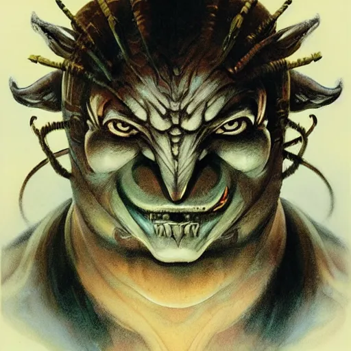 Image similar to head and shoulders portrait of a rakshasa, d & d, fantasy, greg rutkowski, frank frazetta, alexandre chaudret, boris vallejo, michael whelan, miro petrov, hr giger, magali villeneuve, donato giancola