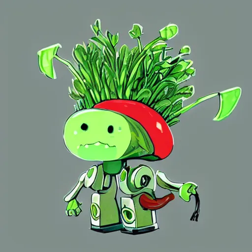 Prompt: cute robot made of plants wearing tomato hat and a chive sword, made in abyss style