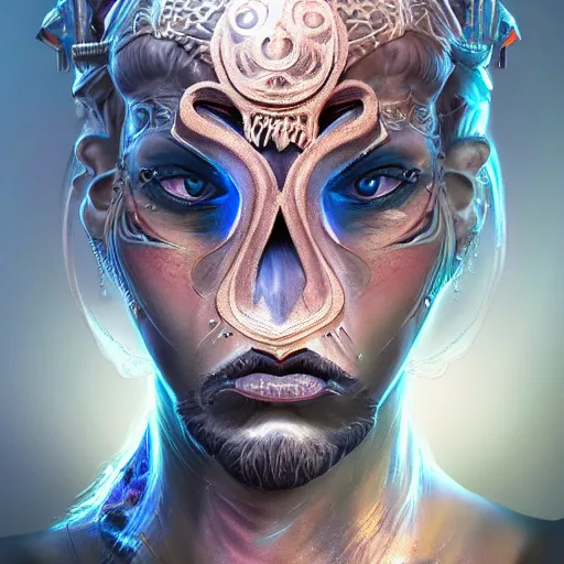 Image similar to an Artstation 3d render of Very very very very highly detailed beautiful mystic head of a phantom warrior with galaxy, tattoos by Artstation, intricate, extremely detailed, digital painting, artstation, concept art, smooth, sharp focus, illustration, intimidating lighting, incredible art,