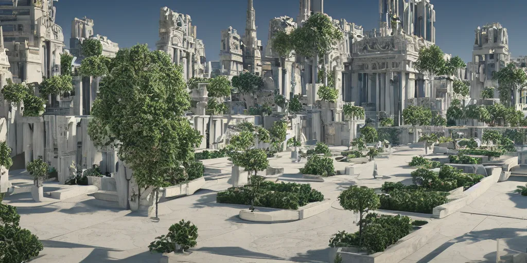 Prompt: geometrically symmetrical hanging garden based on the design of versailles in a futuristic megacity made of travertine brutalist aztec temples, sci-fi, blue sky, optimistic matte painting, concept art, style by syd mead, 8k, octane render