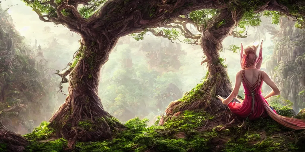 Prompt: alluring highly-res photo an attractive young elf woman sitting on top of giant tree in her tree city, point of view from her back, clothed in a chesty fantasy outfit, intricate, elegant, highly detailed, digital painting, trending on Artstation, concept art, smooth, sharp focus, colorful, illustration, in the style of artgerm and greg rutkowski and alphonse mucha