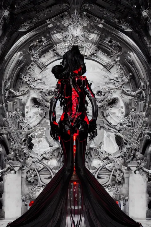 Image similar to full-body cyberpunk style sculpture of a young beautiful dark priestess, half android with a head opening exposing circuitry, glowing red eyes, black roses, flowing blood-red colored silk, fabric, candles, baroque elements, human skull, full-length view. baroque element, intricate artwork by Caravaggio. crows flying in background. Trending on artstation. octane render, cinematic lighting from the right, hyper realism, octane render, 8k, depth of field, 3D