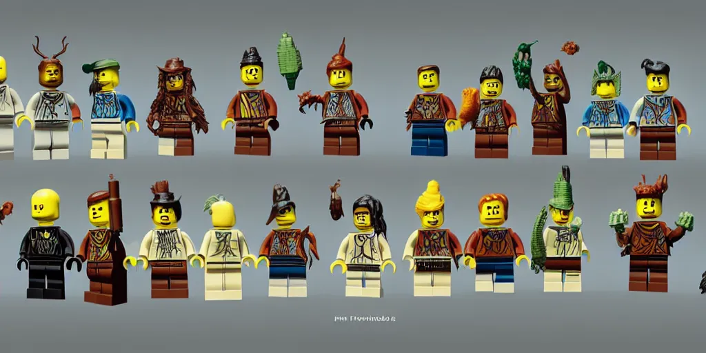 Prompt: characters from the magical lego imagination forest called critters, they are made out of individual bricks and look cute, sharp focus, moebius, character sheet, game concept art, brush work