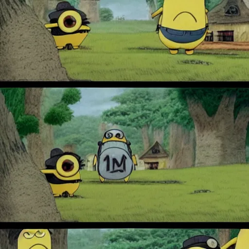 Prompt: minions in my neighbor totoro, miyazaki, anime,