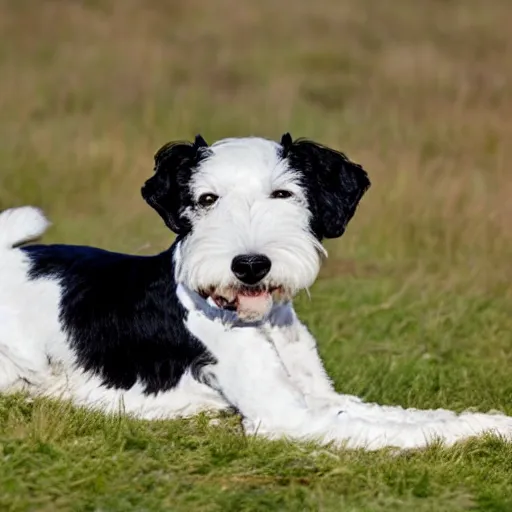 Image similar to old fox terrier with a white and black coat, red collar, white tail, lying in the sun