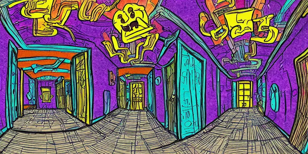 Prompt: a colorful dimly lit, theater access corridor, 3 doors, 1 staircase, day of the tentacle style, fish eye, drawn by Scott C