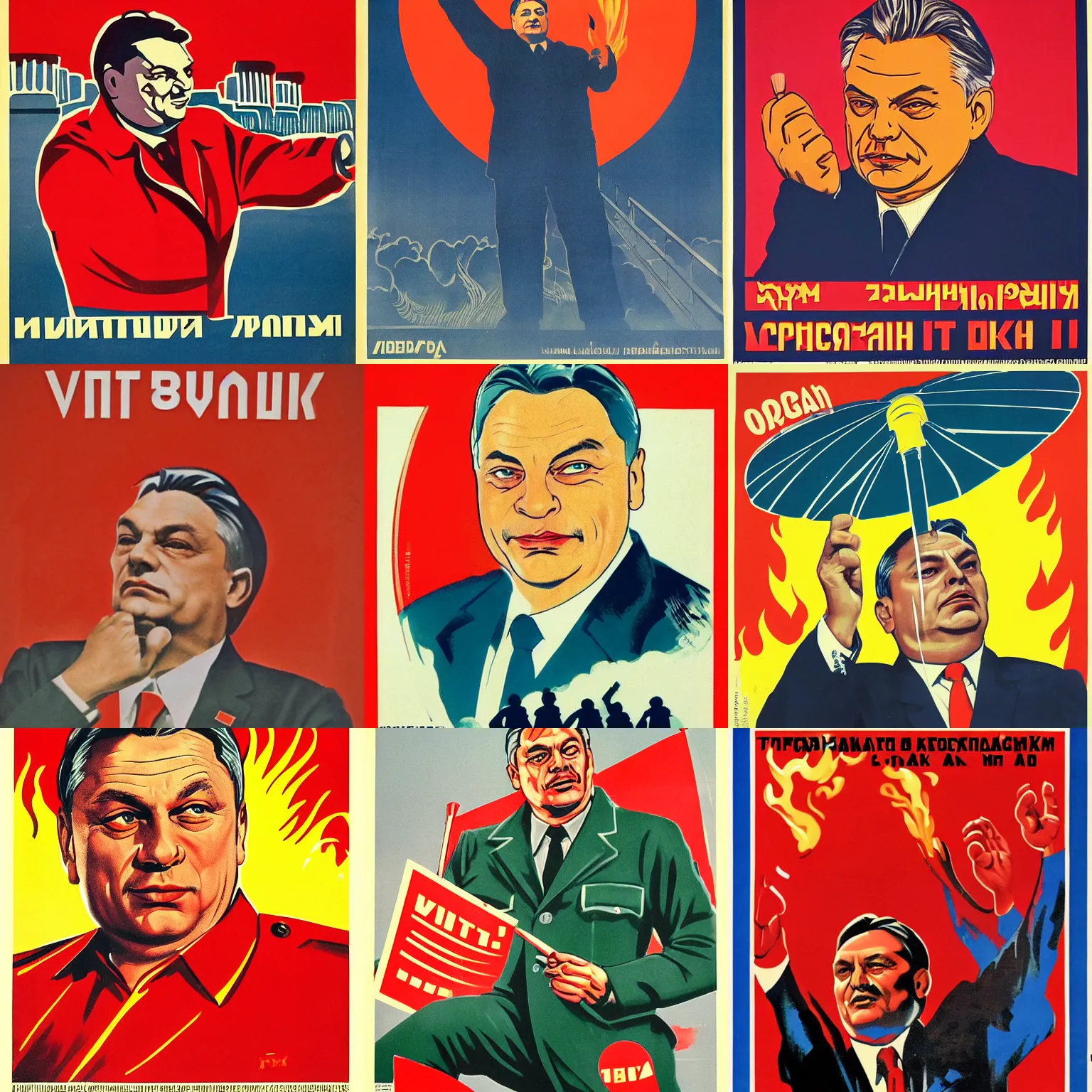 Prompt: soviet propaganda poster of viktor orban making fire