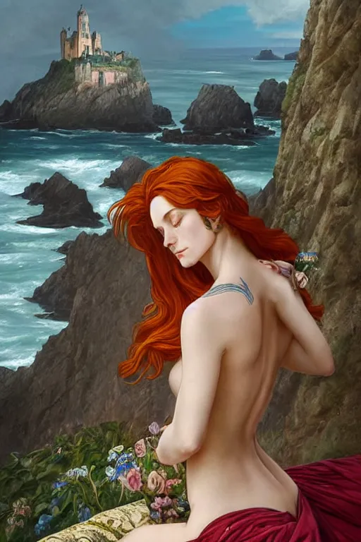 Image similar to a hyperdetailed tarot card of triss merigold as a princess asleep on a bed in a tower, sleeping princess!!!!, window that overlooking cliffs and crashing waves in the background, highly detailed, deep focus, elegant, digital painting, smooth, sharp focus, ultra realistic, 8 k, art by greg rutkowski and jeong seon and alphonse mucha