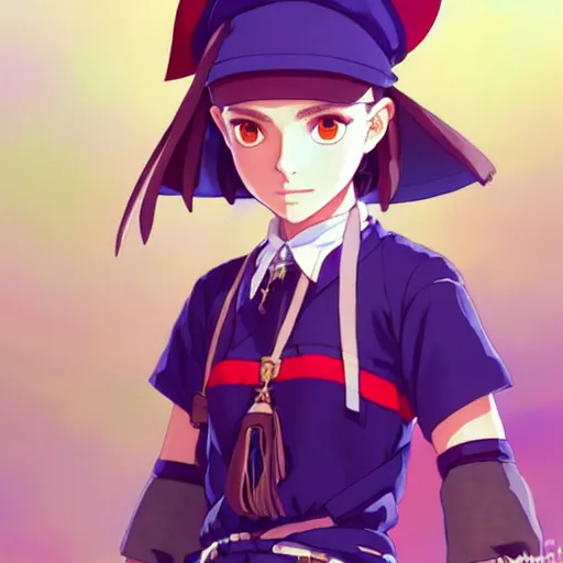 Image similar to a beautiful! boyish! natalie portman model, wearing catholic school girl outfit with mayan pattern and native style, chrono trigger jrpg aztec street fashion, gapmoe yandere grimdark, trending on pixiv fanbox, painted by greg rutkowski makoto shinkai takashi takeuchi studio ghibli, akihiko yoshida