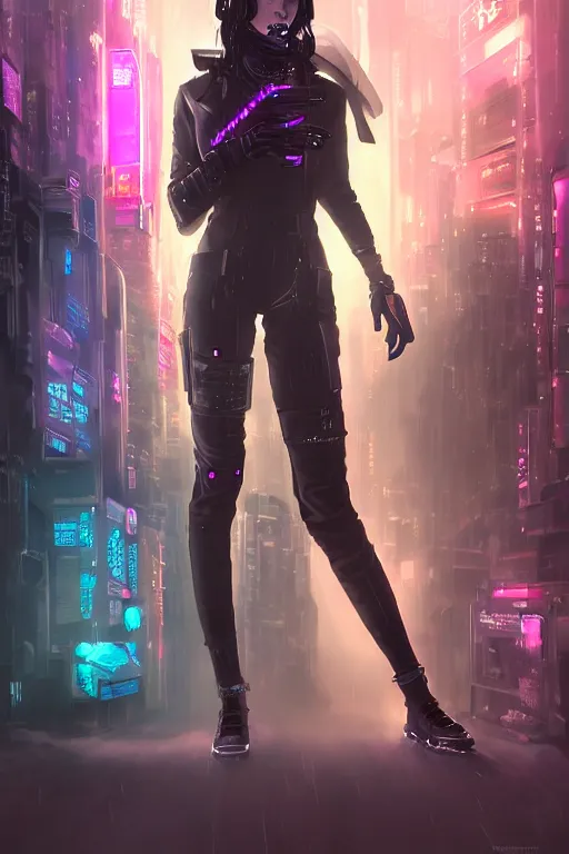 Prompt: portrait futuristic trustworthy cyberpunk young female gunner, in futuristic stormy heavy snowy tokyo rooftop cyberpunk night, ssci-fi, fantasy, intricate, very very beautiful, elegant, neon light, highly detailed, digital painting, concept art, human anatomy, soft light, hdri, smooth, sharp focus, illustration, art by tian zi and craig mullins and WLOP and alphonse mucha