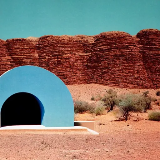 Image similar to a man standing outside a Non-Euclidean orb-like clay house sitting in the desert, vintage photo, beautiful cinematography, blue sky, film grain, James Turrell