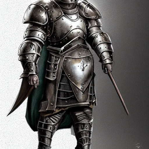 Prompt: concept art, gull body, 45 years old men, strict, militaristic, medieval heavy armor, no helmet, spear, high detail, digital art, medieval fantasy, realistic
