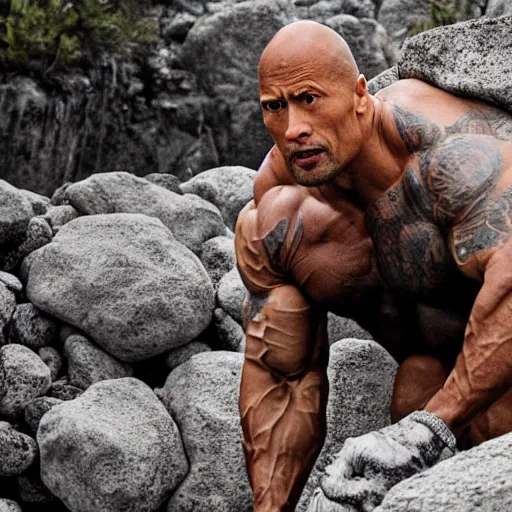 Prompt: dwayne johnson emerging from a pile of rocks. photograph.