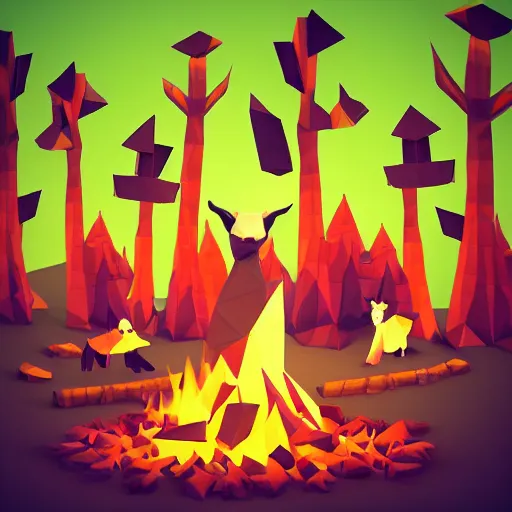 Image similar to low poly forest with a cult performing a ritual with a bonfire where a goat flies