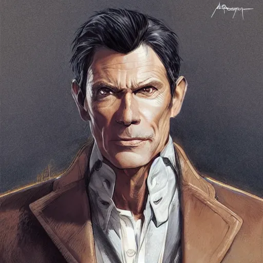 Image similar to portrait of a grizzled treasure hunter man in his 5 0 s with dark hair and sharp cheekbones, dressed in expensive clothes, detailed face, smooth, sharp focus, graphic novel, art by artgerm and greg rutkowski and pepe larraz,