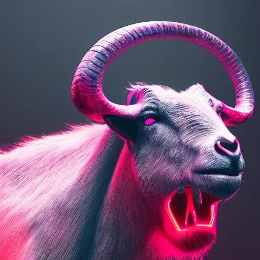 Prompt: synthwave demonic goat face with neon horns, detailed face, sharp focus, synthwave art, aesthetic, octane render, raw, cinematic, chromatic material