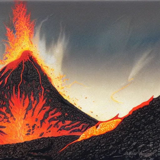 Prompt: poutine ( the canadian meal ) from ngauruhoe ( mount doom ), lava texture, char texture, volcano texture, fire texture, by alan lee, by john howe
