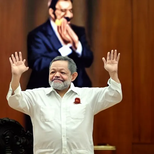 Prompt: president lula da silva saves the world realistic epic detailed masterpiece