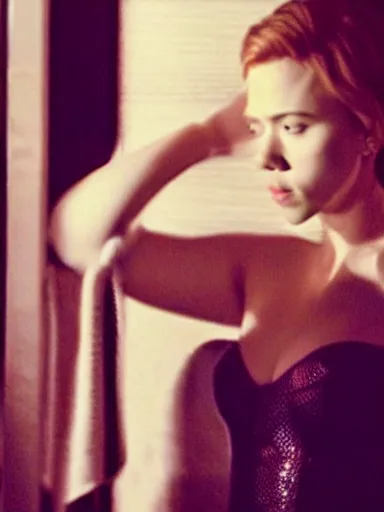 Image similar to “ scarlett johansson waiting in the bathroom line, movie screenshot, cinematic, epic, dramatic ”
