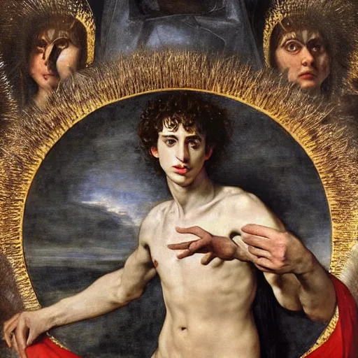 Prompt: timothee chalamet as an evil god, made by caravaggio, peter paul rubens, diego velazquez, rossdraws, jan van eyck, max ernst, ernst haeckel, ernst fuchs