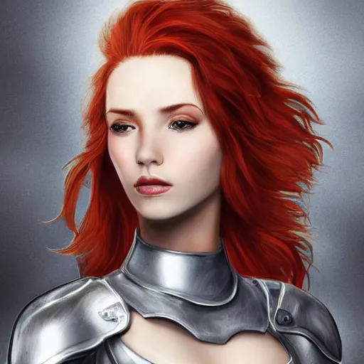 Prompt: a beautiful woman wearing silver armor, redhead, short hair, digital art, extremely detailed